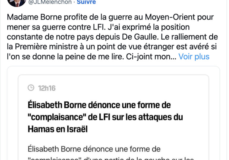 "Toute la violence déchaînée contre Israël et à Gaza ne prouve qu'une chose : la violence ne produit et ne reproduit qu'elle-même" - Jean-Luc Méléchon sur X samedi 07 octobre. Un post qui a déclenché une polémique sur le potentiel antisémitisme de La France Insoumise.