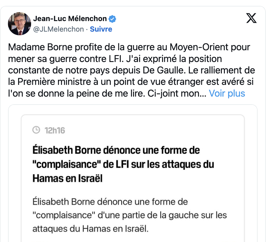 « Toute la violence déchaînée contre Israël et à Gaza ne prouve qu&rsquo;une chose : la violence ne produit et ne reproduit qu&rsquo;elle-même » – Jean-Luc Méléchon sur X samedi 07 octobre. Un post qui a déclenché une polémique sur le potentiel antisémitisme de La France Insoumise.