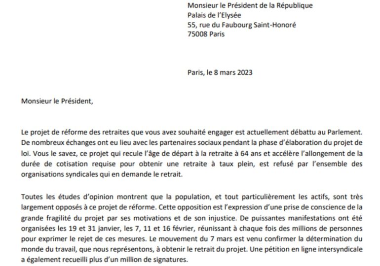 "Dans l’urgence de ce moment, et la gravité de ses conséquences, les organisations syndicales constituant l’intersyndicale expriment, ensemble, la demande de vous rencontrer" - Extrait de la lettre des syndicats remise à l'Elysée ce 09 mars.