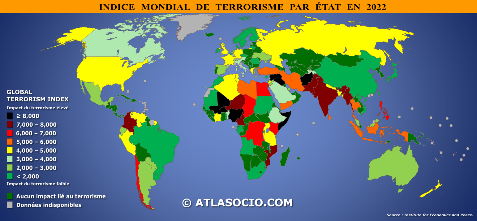 Carte du monde de l’indice du terrorisme en 2022 ©Atlasocio