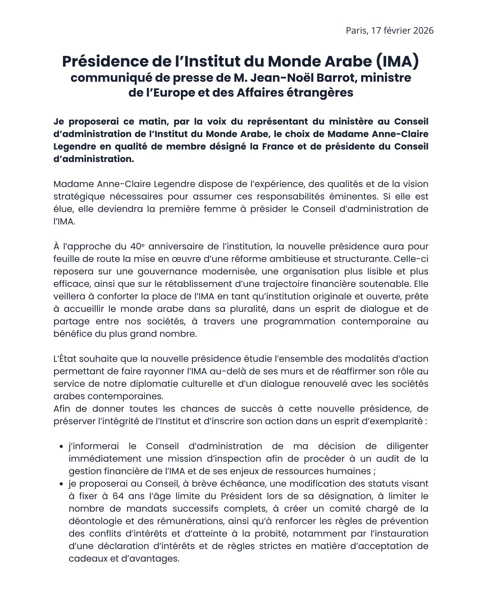 Communiqué de presse de Jean Noel Barrot ce 17 février 2026