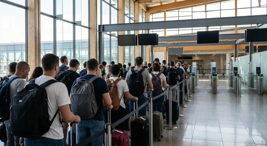 File d'attente dans un aéroport européen à l'arrivée d'un vol Ryanair en décembre 2025