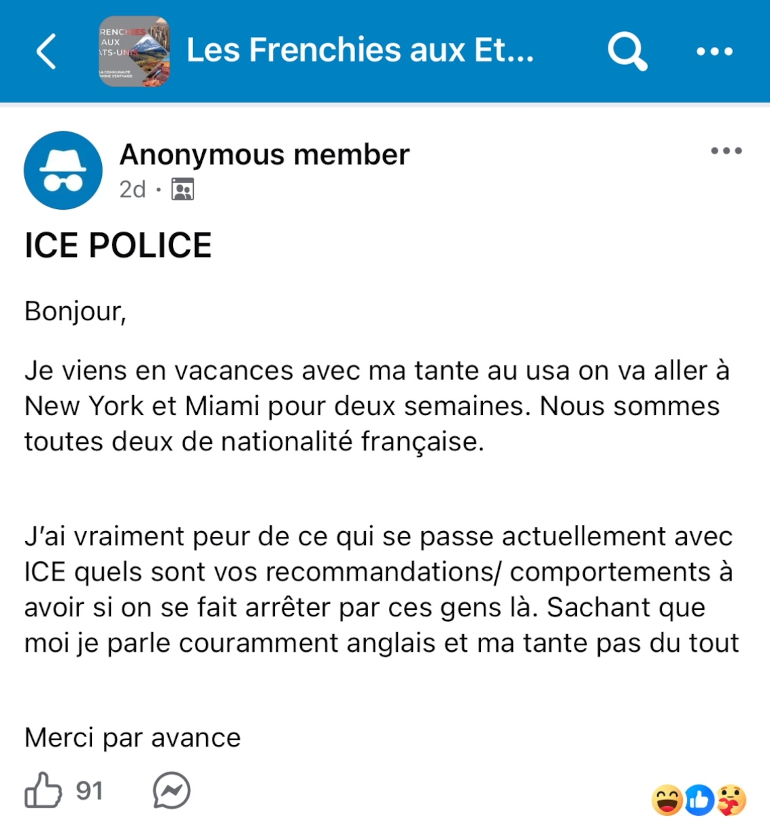 Capture d’écran sur le groupe Facebook Les Frenchies aux États-Unis