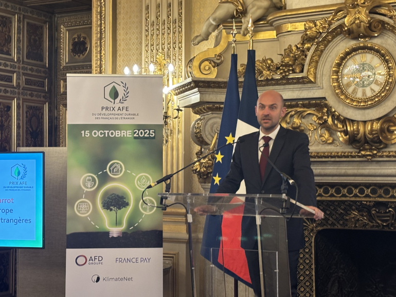 Jean-Noël Barrot, ministre de l'Europe et des Affaires étrangères, lors de la cérémonie des prix du développement durable AFE 2025