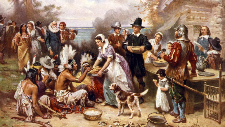 Ce tableau de Jean Leon Gerome Ferris est une représentation du repas partagé entre des colons anglais et des Wampanoags